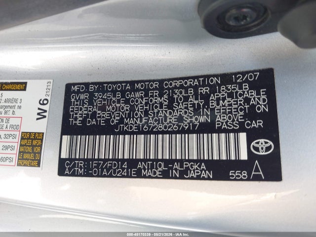 2008 Scion Tc მანქანა იყიდება აუქციონზე, vin: JTKDE167280267917, აუქციონის ნომერი: 45170339
