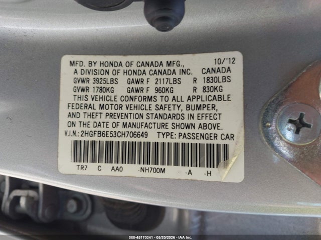 Aukcja sprzedaży 2012 Honda Civic Si, vin: 2HGFB6E53CH706649, numer aukcji: 45170341