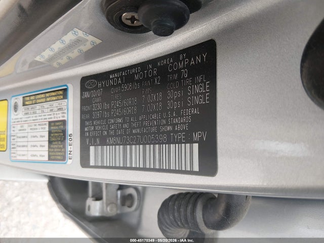 Aukcja sprzedaży 2007 Hyundai Veracruz Gls/limited/se, vin: KM8NU73C27U005398, numer aukcji: 45170349