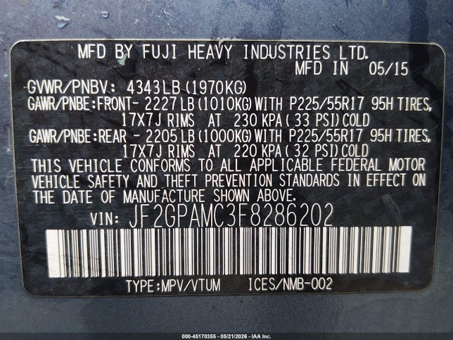 2015 Subaru Xv Crosstrek 2.0i Limited მანქანა იყიდება აუქციონზე, vin: JF2GPAMC3F8286202, აუქციონის ნომერი: 45170355