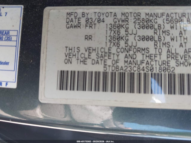 Aukcja sprzedaży 2004 Toyota Sienna Le, vin: 5TDBA23C84S018062, numer aukcji: 45170363
