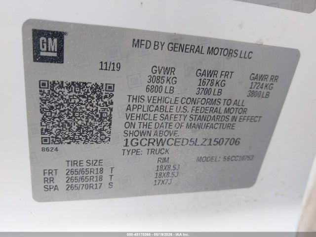 Aukcja sprzedaży 2020 Chevrolet Silverado 1500 2wd  Standard Bed Lt, vin: 1GCRWCED5LZ150706, numer aukcji: 45170368