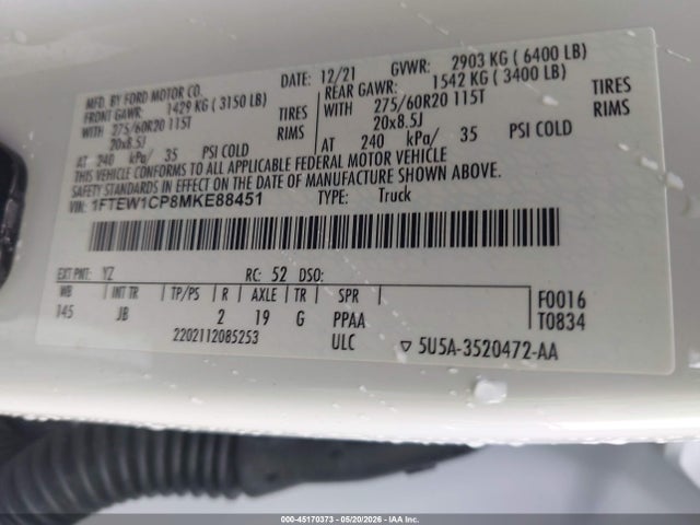 Продаж на аукціоні авто 2021 Ford F-150 Xl, vin: 1FTEW1CP8MKE88451, номер лоту: 45170373