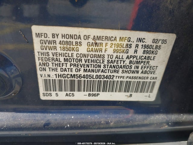 45170379 :رقم المزاد ، 1HGCM56405L003402 vin ، 2005 Honda Accord 2.4 Lx مزاد بيع