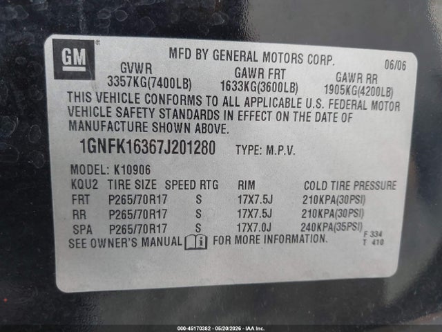 Aukcja sprzedaży 2007 Chevrolet Suburban 1500 Lt, vin: 1GNFK16367J201280, numer aukcji: 45170382