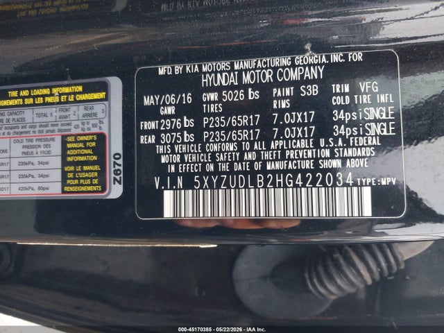 2017 Hyundai Santa Fe Sport 2.4l მანქანა იყიდება აუქციონზე, vin: 5XYZUDLB2HG422034, აუქციონის ნომერი: 45170385