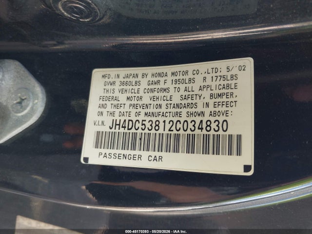 45170393 :رقم المزاد ، JH4DC53812C034830 vin ، 2002 Acura Rsx مزاد بيع