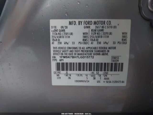 2020 Ford Explorer მანქანა იყიდება აუქციონზე, vin: 1FMSK7BH7LGD15772, აუქციონის ნომერი: 45170400