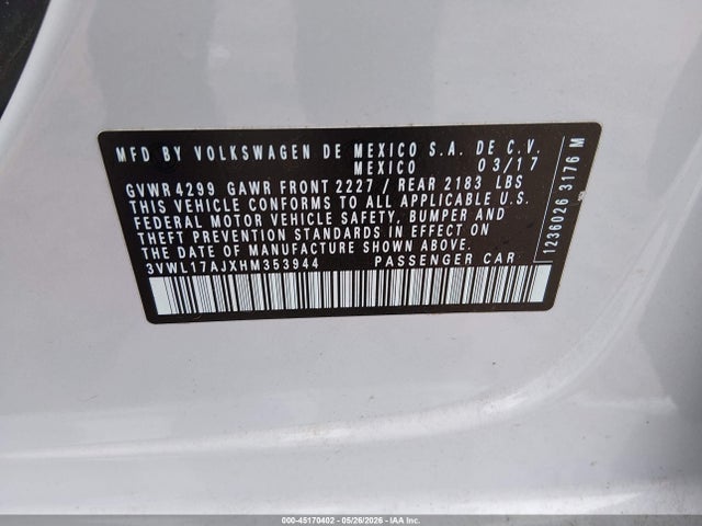 Продажа на аукционе авто 2017 Volkswagen Jetta 1.8t Sel/1.8t Sel Premium, vin: 3VWL17AJXHM353944, номер лота: 45170402