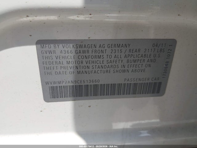 45170412 :رقم المزاد ، WVWMP7AN9CE513660 vin ، 2012 Volkswagen Cc Sport مزاد بيع