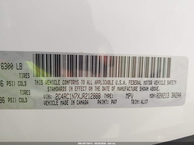 45170413 :رقم المزاد ، 2C4RC1N7XJR212888 vin ، 2018 Chrysler Pacifica Hybrid Limited مزاد بيع
