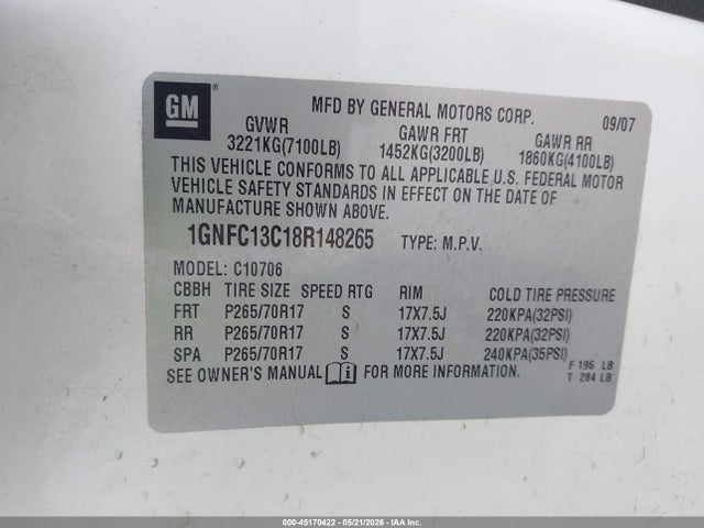 Aukcja sprzedaży 2008 Chevrolet Tahoe Ls, vin: 1GNFC13C18R148265, numer aukcji: 45170422