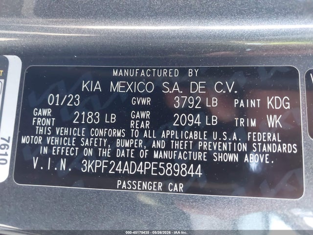 Продажа на аукционе авто 2023 Kia Forte Lxs, vin: 3KPF24AD4PE589844, номер лота: 45170435