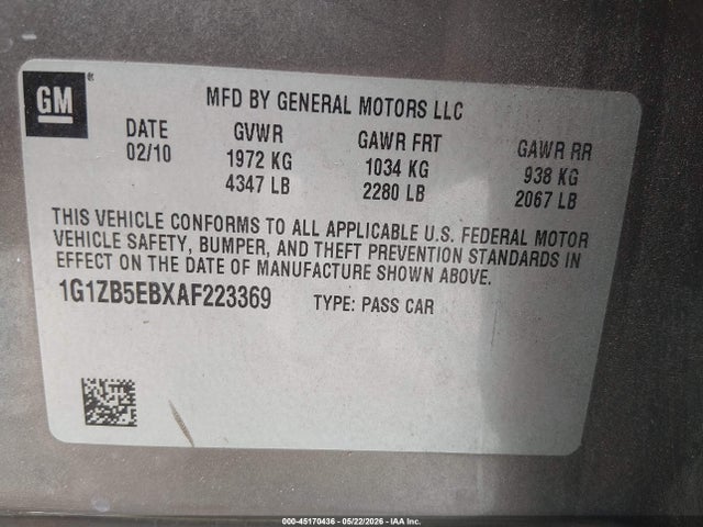 45170436 :رقم المزاد ، 1G1ZB5EBXAF223369 vin ، 2010 Chevrolet Malibu Ls مزاد بيع
