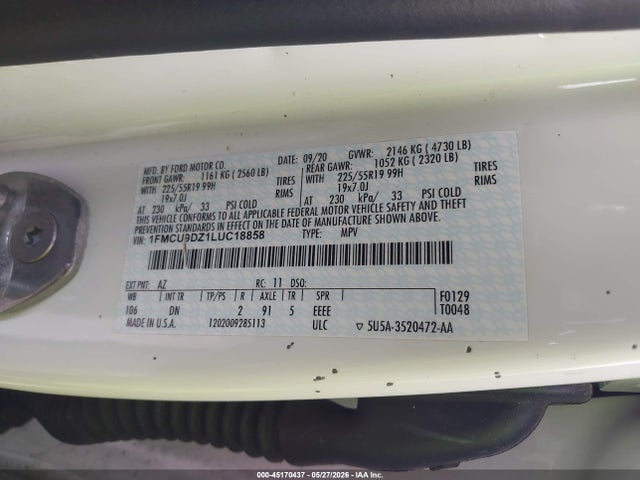 Продаж на аукціоні авто 2020 Ford Escape Titanium Hybrid, vin: 1FMCU9DZ1LUC18858, номер лоту: 45170437