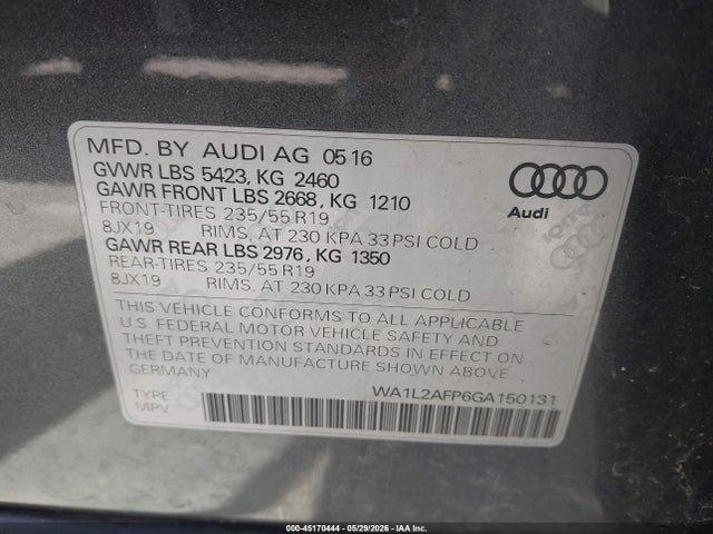45170444 :رقم المزاد ، WA1L2AFP6GA150131 vin ، 2016 Audi Q5 2.0t Premium مزاد بيع