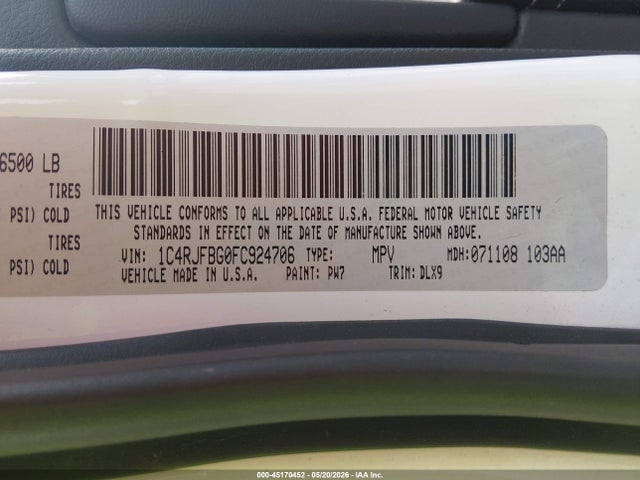 Aukcja sprzedaży 2015 Jeep Grand Cherokee Limited, vin: 1C4RJFBG0FC924706, numer aukcji: 45170452