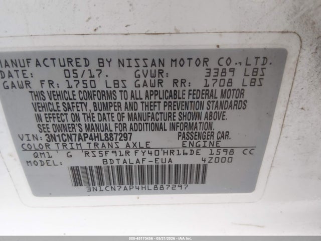 Продаж на аукціоні авто 2017 Nissan Versa 1.6 S, vin: 3N1CN7AP4HL887297, номер лоту: 45170456