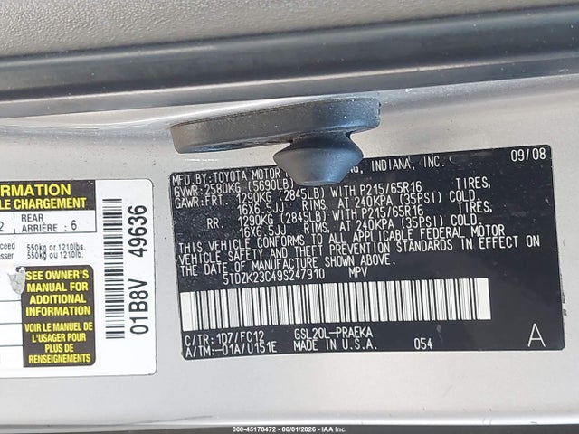 45170472 :رقم المزاد ، 5TDZK23C49S247910 vin ، 2009 Toyota Sienna Le مزاد بيع