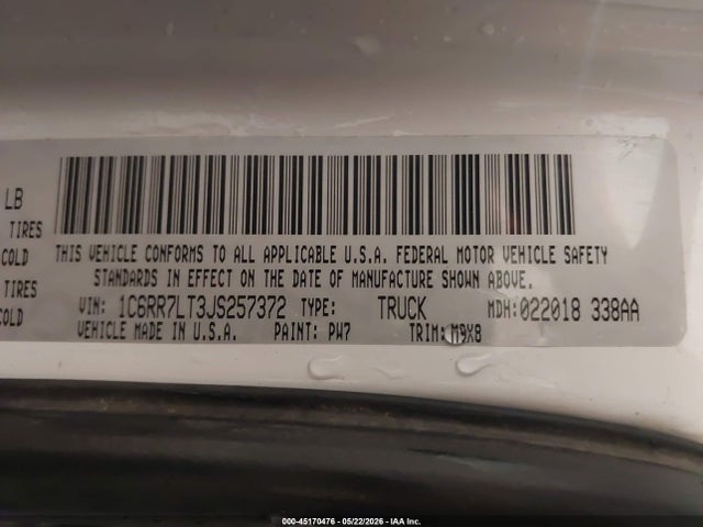 45170476 :رقم المزاد ، 1C6RR7LT3JS257372 vin ، 2018 Ram 1500 Big Horn  4x4 5'7 Box مزاد بيع