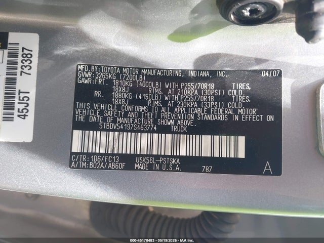 Aukcja sprzedaży 2007 Toyota Tundra Sr5 5.7l V8, vin: 5TBDV54197S463774, numer aukcji: 45170483