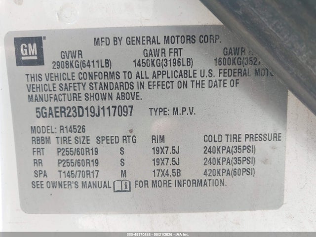 2009 Buick Enclave Cxl მანქანა იყიდება აუქციონზე, vin: 5GAER23D19J117097, აუქციონის ნომერი: 45170488