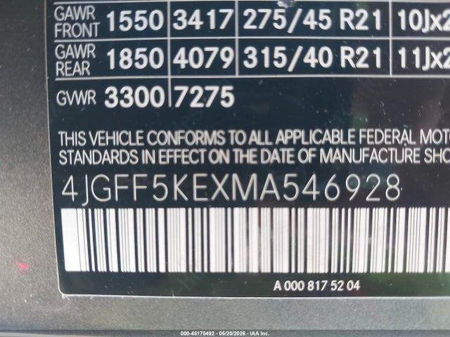 2021 Mercedes-benz Gls 450 4matic მანქანა იყიდება აუქციონზე, vin: 4JGFF5KEXMA546928, აუქციონის ნომერი: 45170492