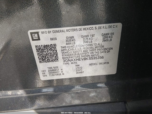 45170502 :رقم المزاد ، 3GNAXHEV8KS535356 vin ، 2019 Chevrolet Equinox Ls مزاد بيع