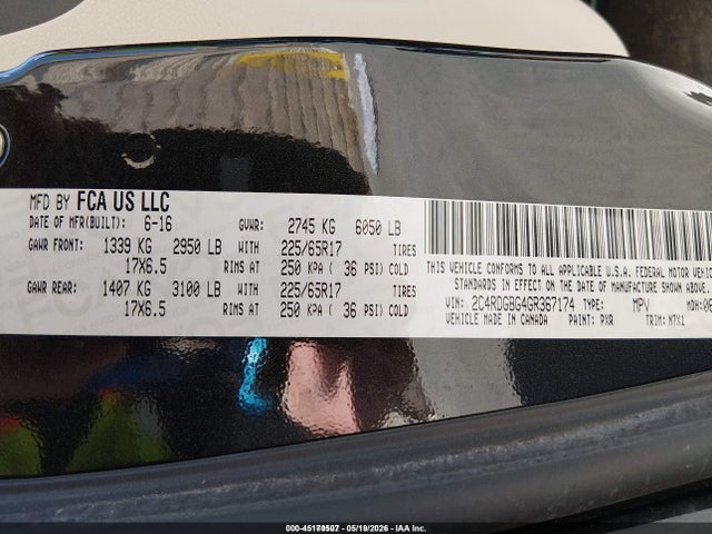 Aukcja sprzedaży 2016 Dodge Grand Caravan Se Plus, vin: 2C4RDGBG4GR367174, numer aukcji: 45170507