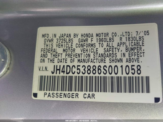 Aukcja sprzedaży 2006 Acura Rsx, vin: JH4DC53886S001058, numer aukcji: 45170511
