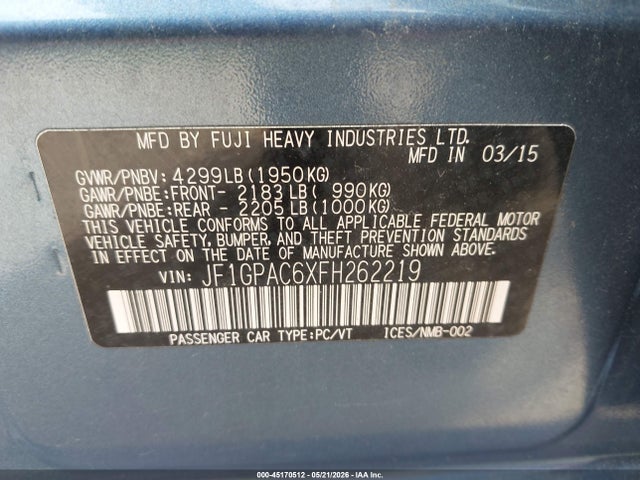 Продажа на аукционе авто 2015 Subaru Impreza 2.0i Premium, vin: JF1GPAC6XFH262219, номер лота: 45170512