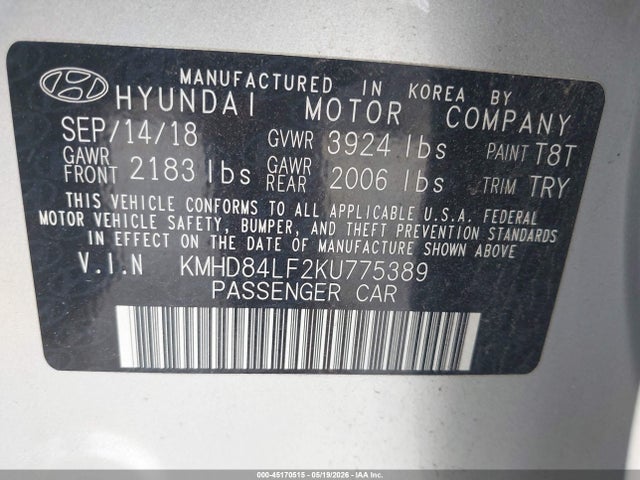 Продажа на аукционе авто 2019 Hyundai Elantra Sel, vin: KMHD84LF2KU775389, номер лота: 45170515