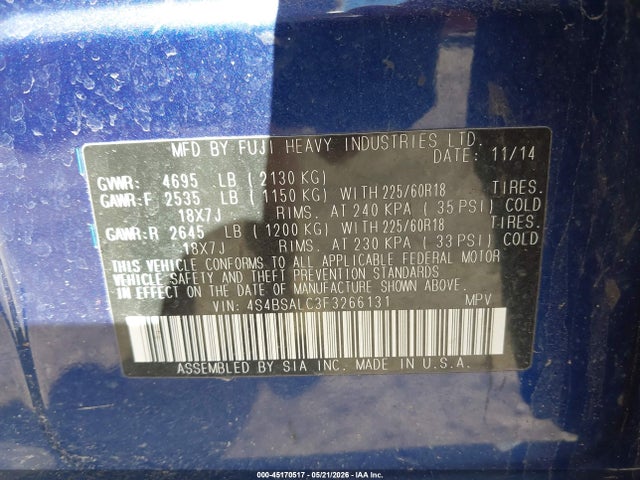 45170517 :رقم المزاد ، 4S4BSALC3F3266131 vin ، 2015 Subaru Outback 2.5i Limited مزاد بيع