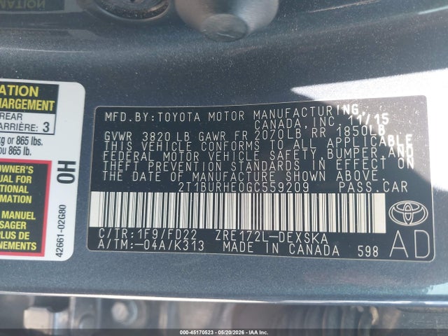 Aukcja sprzedaży 2016 Toyota Corolla S Plus, vin: 2T1BURHE0GC559209, numer aukcji: 45170523