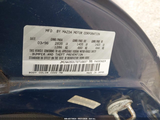 45170524 :رقم المزاد ، JM1NA3531T0716837 vin ، 1996 Mazda Mx-5 Miata مزاد بيع