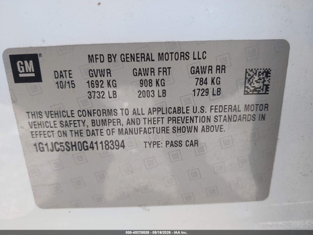 Aukcja sprzedaży 2016 Chevrolet Sonic Lt Auto, vin: 1G1JC5SH0G4118394, numer aukcji: 45170525