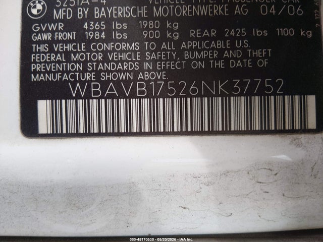 2006 Bmw 325i მანქანა იყიდება აუქციონზე, vin: WBAVB17526NK37752, აუქციონის ნომერი: 45170530