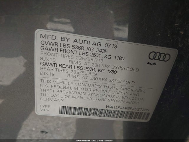 Продажа на аукционе авто 2014 Audi Q5 2.0t Premium, vin: WA1LFAFP6EA027298, номер лота: 45170538