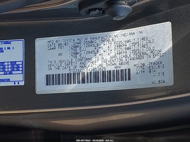 2004 Toyota Sienna Xle მანქანა იყიდება აუქციონზე, vin: 5TDZA22C84S053829, აუქციონის ნომერი: 45170543