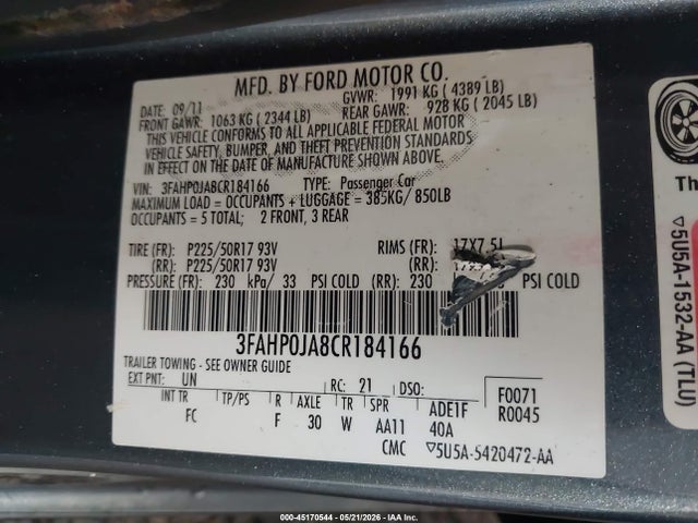 Продажа на аукционе авто 2012 Ford Fusion Sel, vin: 3FAHP0JA8CR184166, номер лота: 45170544