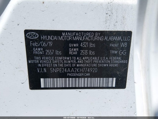 Aukcja sprzedaży 2019 Hyundai Sonata Eco, vin: 5NPE24AA2KH774920, numer aukcji: 45170549