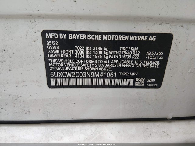 Продаж на аукціоні авто 2022 Bmw X7 Xdrive40i, vin: 5UXCW2C03N9M41061, номер лоту: 45170554