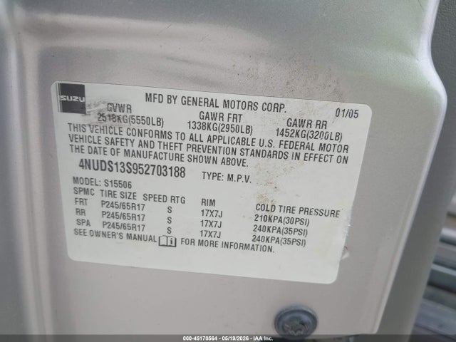 Продаж на аукціоні авто 2005 Isuzu Ascender S, vin: 4NUDS13S952703188, номер лоту: 45170564