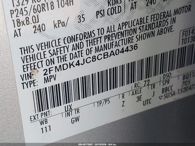 2012 Ford Edge Sel მანქანა იყიდება აუქციონზე, vin: 2FMDK4JC8CBA04436, აუქციონის ნომერი: 45170567