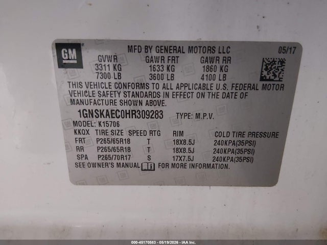 Aukcja sprzedaży 2017 Chevrolet Tahoe Ls, vin: 1GNSKAEC0HR309283, numer aukcji: 45170583