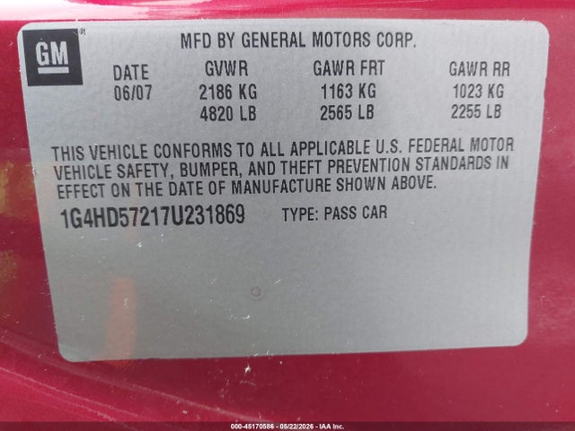 Продажа на аукционе авто 2007 Buick Lucerne Cxl, vin: 1G4HD57217U231869, номер лота: 45170586