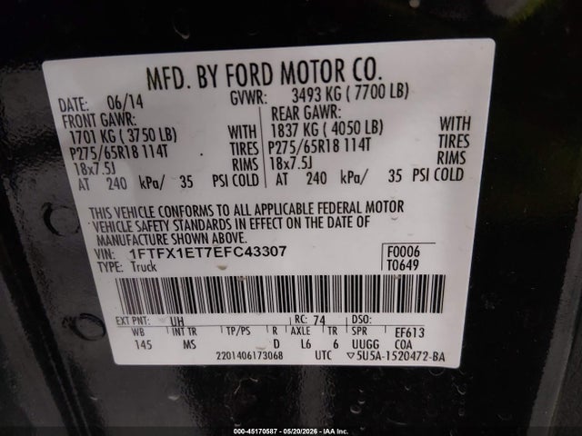 Продаж на аукціоні авто 2014 Ford F-150 Xlt, vin: 1FTFX1ET7EFC43307, номер лоту: 45170587