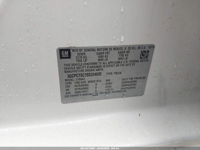 Auction sale of the 2014 Chevrolet Silverado 1500, vin: 3GCPCTEC7EG334605, lot number: 45170597