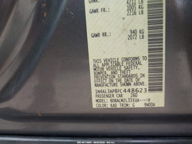 Продаж на аукціоні авто 2015 Nissan Altima 2.5 Sv, vin: 1N4AL3AP8FC448623, номер лоту: 45170608