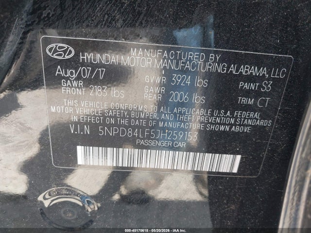5NPD84LF5JH259153 Hyundai ELANTRA SEL